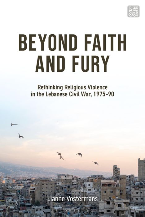 "BEYOND FAITH AND FURY. Vögel über einer Stadtlandschaft im Libanon bei Sonnenuntergang, Titel von Lianne Vostermans."