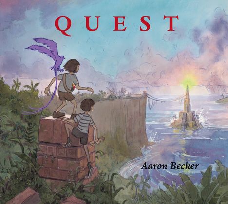 „QUEST“ und „Aaron Becker“ in einer Illustration: Zwei Kinder mit einem violetten Vogel schauen auf eine Burg im Wasser.