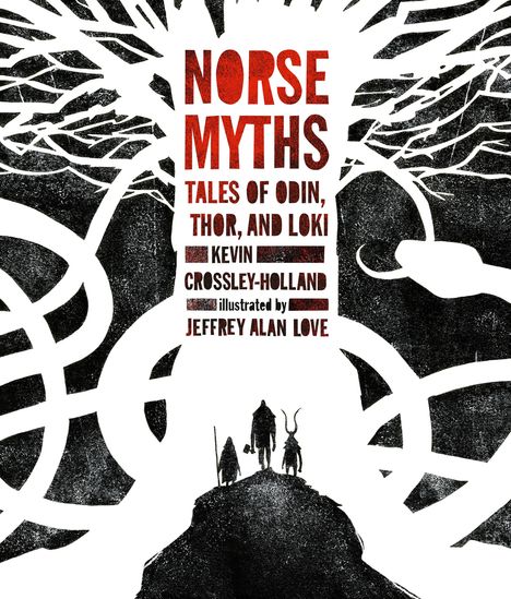 „NORSE MYTHS: TALES OF ODIN, THOR, AND LOKI“ steht zentral. Eine schwarze Silhouette von drei Figuren vor einem hellen Hintergrund.