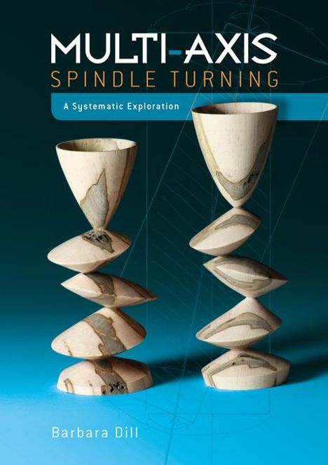 "Multi-Axis Spindle Turning: A Systematic Exploration." Zwei gedrechselte Holzformen auf blauem Hintergrund.