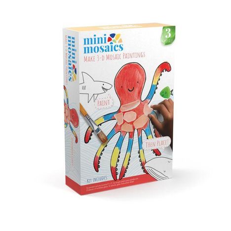 "mini mosaics Make 3-D Mosaic Paintings" steht oben. Ein bunter Oktopus ist abgebildet mit Anleitung zum Bemalen.