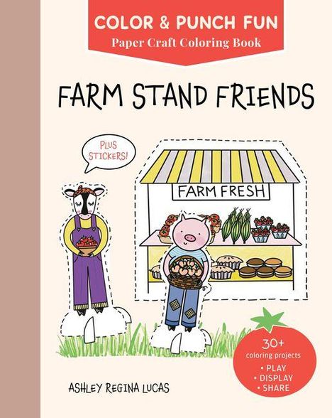 "Farm Stand Friends", Comic-Stil: Tiere verkaufen Obst und Gemüse vor einem Stand mit "Farm Fresh" Schild.