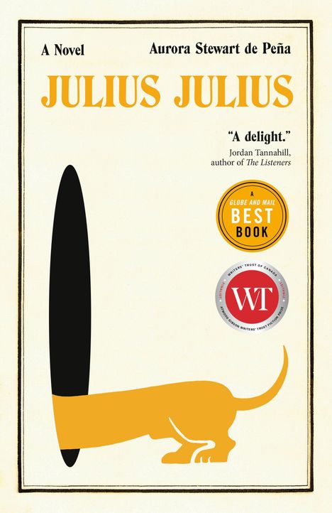 Titel: "JULIUS JULIUS". Autorin: Aurora Stewart de Peña. Illustration: Hund und dunkler Schatten. Verziertes Design.