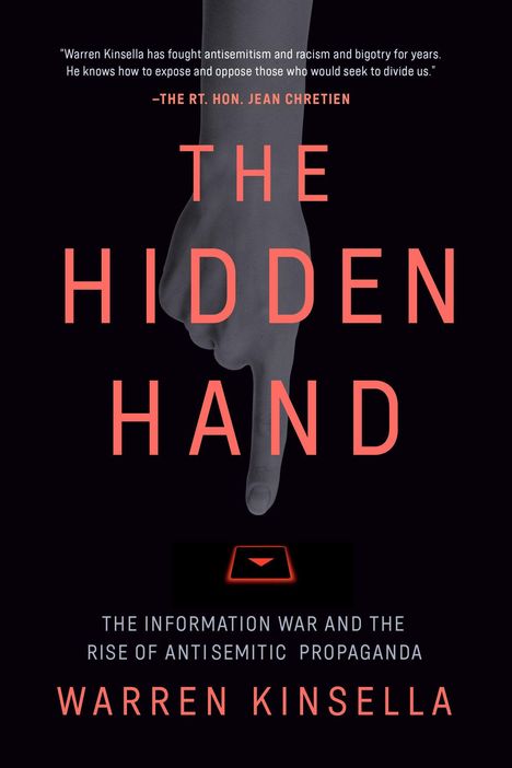 „THE HIDDEN HAND“: Ein Finger zeigt nach unten, rot auf dunklem Hintergrund. Autor: Warren Kinsella.
