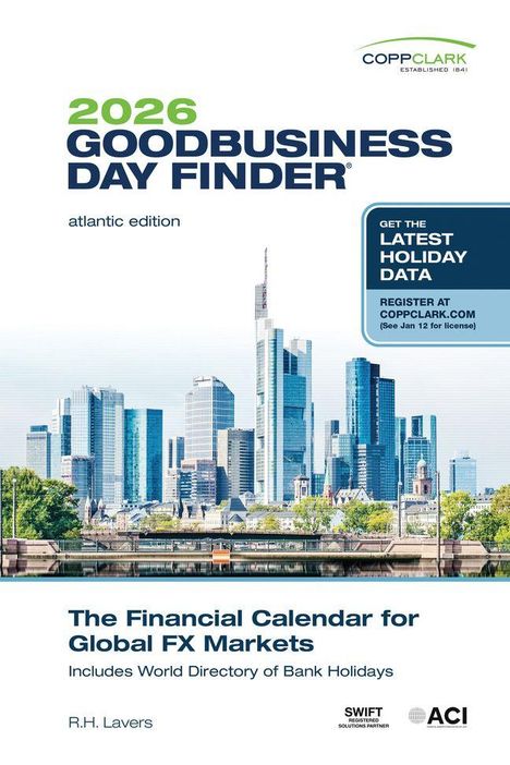 2026 Goodbusiness Day Finder, atlantic edition. Skyline mit modernen Hochhäusern und Fluss im Vordergrund.