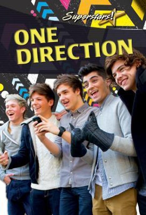 Text: "One Direction" in Gelb, "Superstars!" darüber. Fünf junge Männer lachen und stehen nebeneinander. Bunte, grafische Muster.