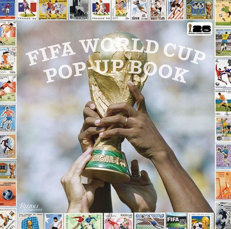 „FIFA World Cup Pop-Up Book“ in großen Buchstaben über der berühmten Goldtrophäe, umgeben von Briefmarken.