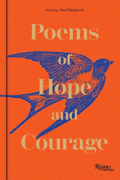 "Poems of Hope and Courage", Herausgeber: Ana Sampson. Illustration eines blauen Vogels auf orangem Hintergrund.