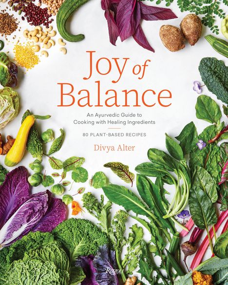 "Joy of Balance", Anleitung zu ayurvedischem Kochen. Buntes Gemüse und Blätter umrahmen den Text.