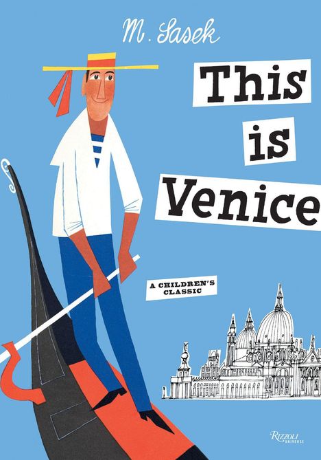 „This is Venice“ und „A Children's Classic“ auf blauem Hintergrund. Illustration: Gondoliere und Venediger Bauwerk.