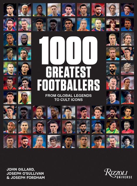 "1000 Greatest Footballers" steht groß in der Mitte. Darunter sind viele Porträts von Fußballspielern in mehreren Reihen.
