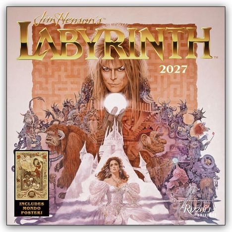 Text: „Jim Henson's Labyrinth 2027“, „Includes Mondo Poster!“. Illustration von Figuren aus einem fantasievollen Setting.