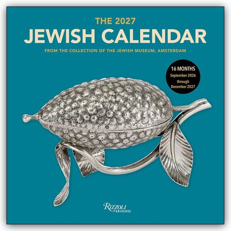 "THE 2027 JEWISH CALENDAR" steht oben. Darunter ein silbernes, zitrusförmiges Objekt mit Blättern auf blauem Hintergrund.