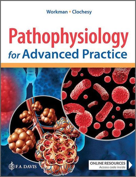 „Pathophysiology for Advanced Practice“ oben, Bakterien und menschliche Organe als Illustrationen in leuchtenden Farben.
