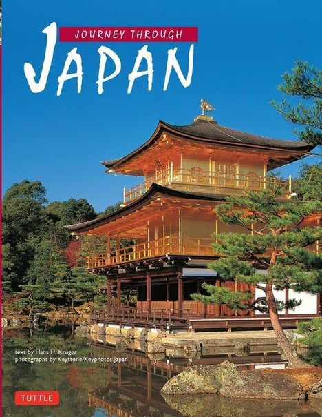 Text: "Journey Through Japan." Ein traditionelles, goldenes japanisches Gebäude steht vor einem klaren blauen Himmel, umgeben von Bäumen.