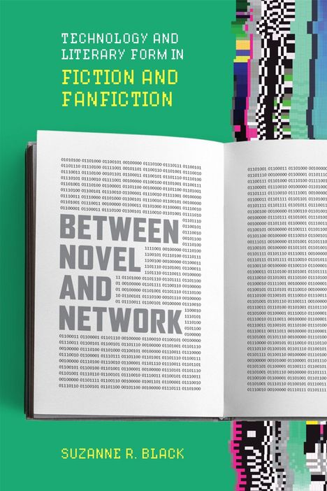 Ein Buchumschlag zeigt den Titel "Between Novel and Network" mit Binärcode und einem pixeligen, bunten Hintergrund.