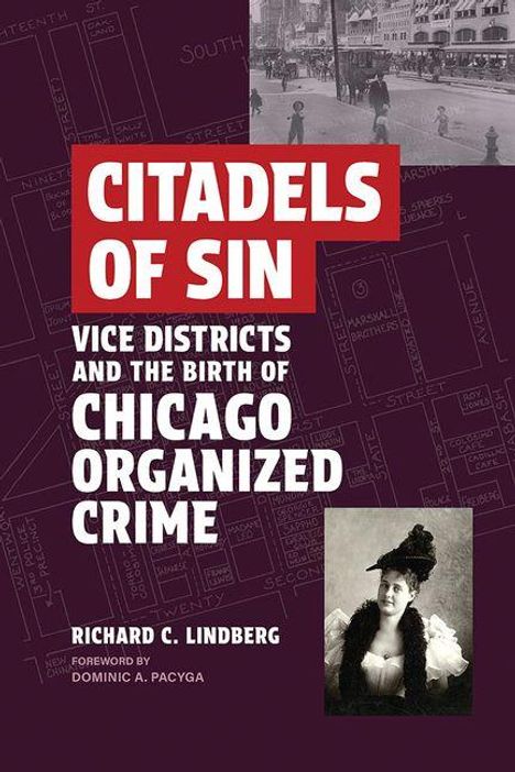 "CITADELS OF SIN" mit Untertiteln über Chicagos organisierte Kriminalität. Schwarz-weiße Fotos von Stadt und Frau.