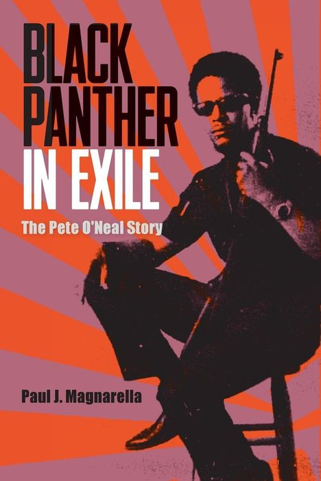 "BLACK PANTHER IN EXILE" und "The Pete O'Neal Story" in großer Schrift vor einem stilisierten Hintergrund.