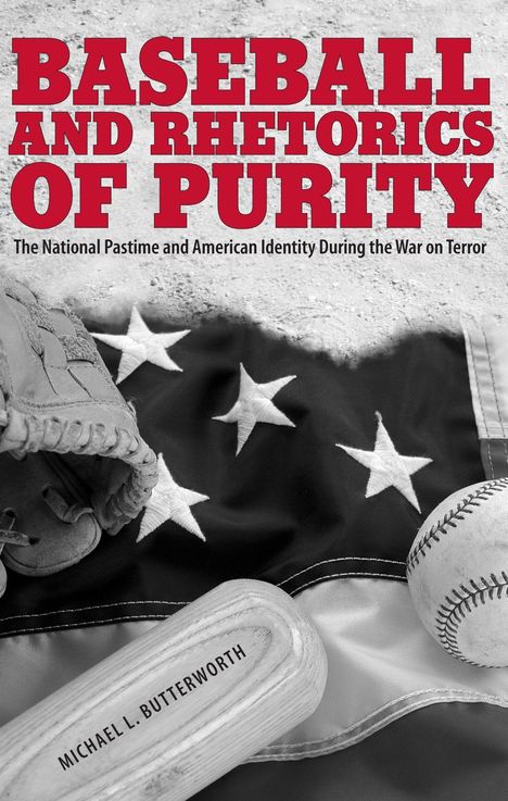 „BASEBALL AND RHETORICS OF PURITY“. Baseball-Handschuh, Ball, Schläger auf Flagge mit Sternen.