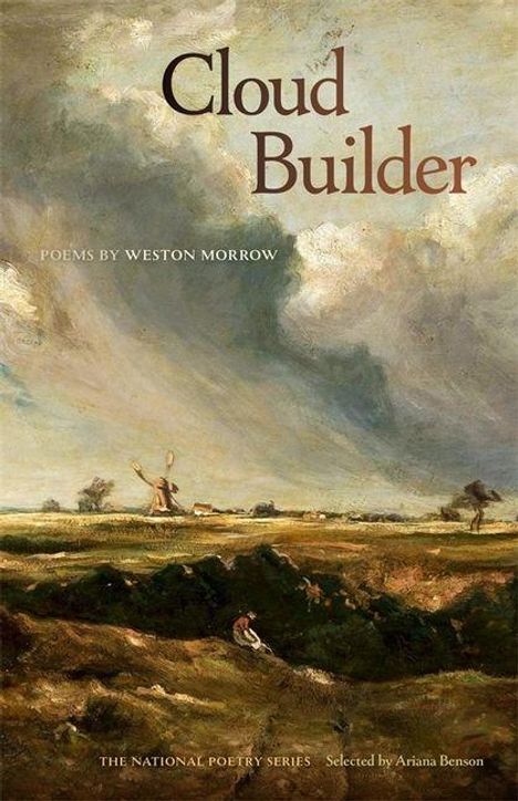 „Cloud Builder“, „Poems by Weston Morrow“. Landschaft mit Wolken, Feldern und einer Windmühle im Hintergrund.