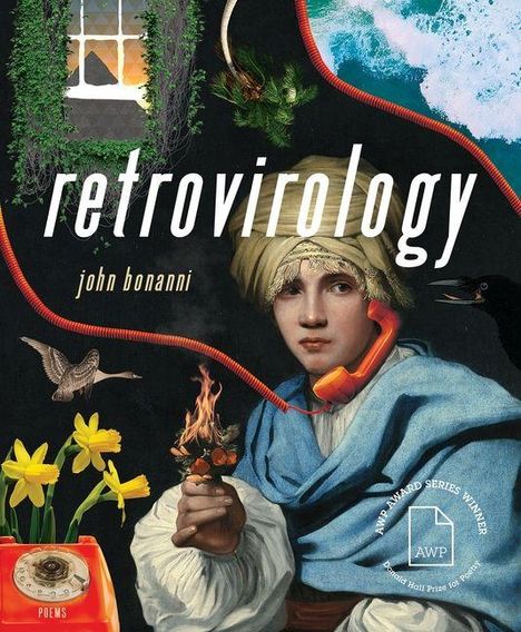 „retrovirology“ und „john bonanni“ stehen prominent. Ein Retro-Telefon ist um eine Person mit Kopftuch drapiert.