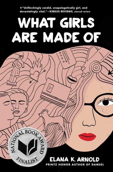Buchtitel "What Girls Are Made Of", Illustration mit Gesichtern, Objekten und Hund, roter Lippenstift, Brille.