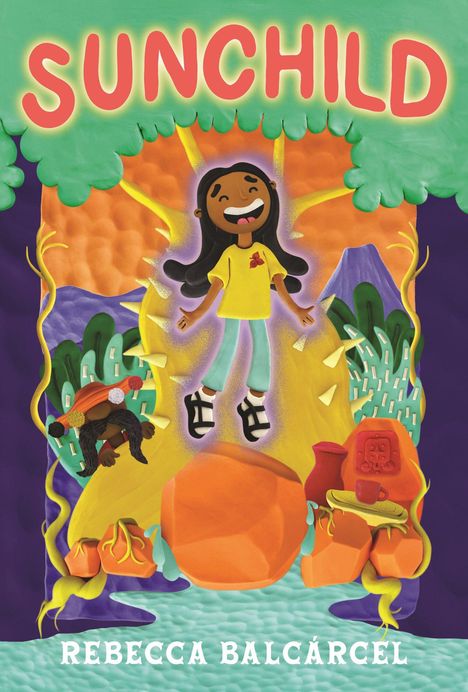 "SUNCHILD" in großen Buchstaben oben. Ein fröhliches Mädchen schwebt in einer bunten Landschaft, umgeben von Natur.