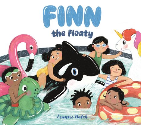 „FINN the floaty“. Illustration von fröhlichen Kindern mit bunten Schwimmtieren in einem Pool.