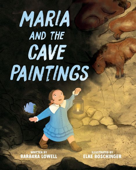 Text: "MARIA AND THE CAVE PAINTINGS". Illustration: Mädchen in blauer Kleidung hält Laterne in Höhle, Höhlenmalereien sichtbar.