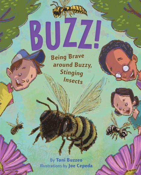 "BUZZ! Being Brave around Buzzy, Stinging Insects." Zwei Kinder und Insekten in einem bunten, fröhlichen Garten.