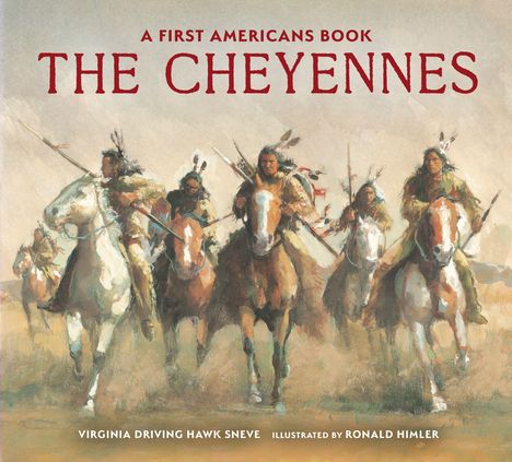 "A First Americans Book: The Cheyennes." Illustration von fünf Menschen auf Pferden, traditionell gekleidet.