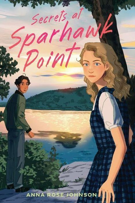 "Secrets at Sparhawk Point" von Anna Rose Johnson. Ein Mädchen und ein Junge stehen vor einem See bei Sonnenuntergang.