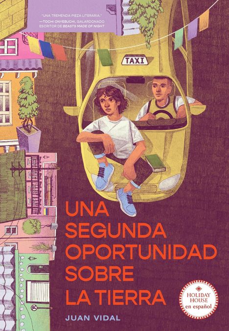 „UNA SEGUNDA OPORTUNIDAD SOBRE LA TIERRA“, Juan Vidal. Illustration: Zwei Personen im gelben Taxi in schwebendem Stadtbild.