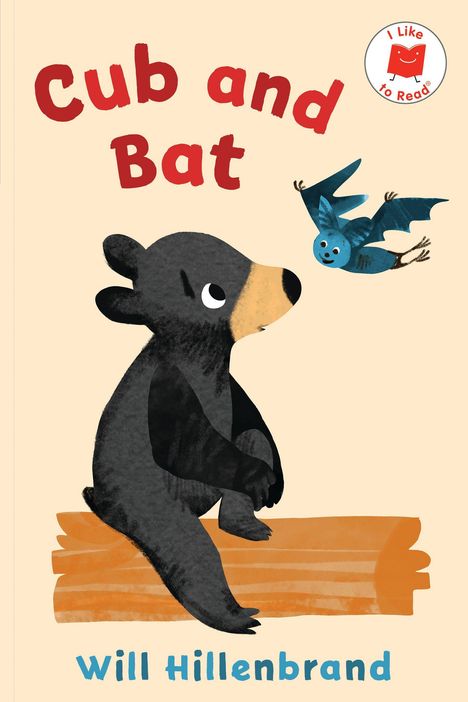 "**Cub and Bat** - Will Hillenbrand." Ein Bärenjunges sitzt auf einem Holzstamm, während eine Fledermaus fliegt.