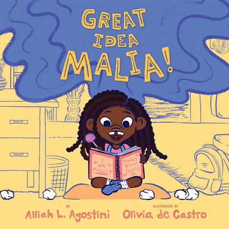 "Great Idea Malia!" Eine Illustration: fröhliches Mädchen mit Buch, Text: "I AM MAGIC! Malia's Great Ideas!" Umgebung: Schlafzimmer.