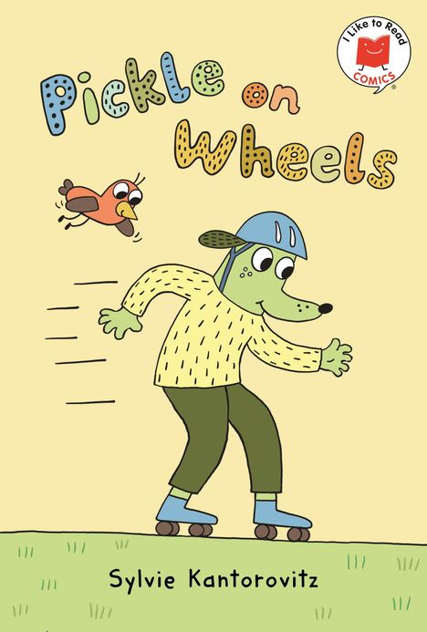 "Pickle on Wheels" von Sylvie Kantorovitz. Ein grüner Hund auf Rollschuhen, ein Vogel fliegt daneben.