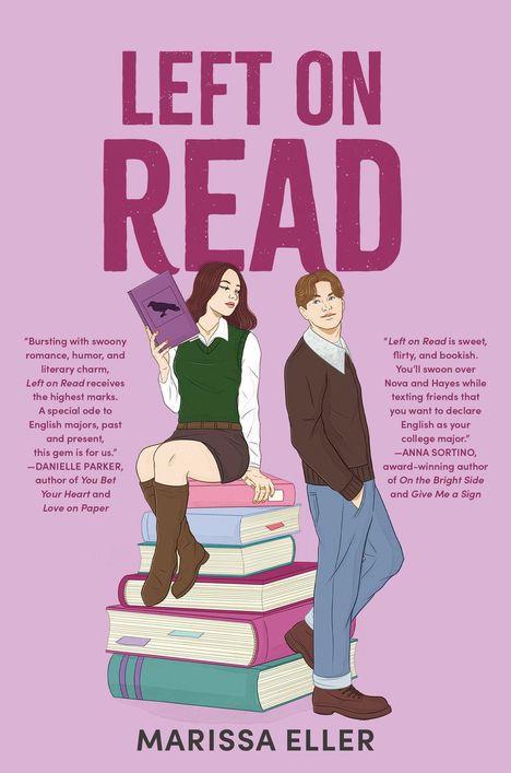 Titel: "LEFT ON READ". Zitate von Danielle Parker und Anna Sortino. Illustration: Zwei Menschen mit Büchern, Frau sitzend.