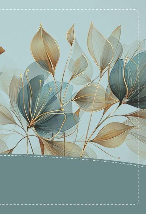 Keine Texte sichtbar. Eine Illustration zeigt elegante Blumen und Blätter in sanften Blau- und Brauntönen auf hellblauem Hintergrund.