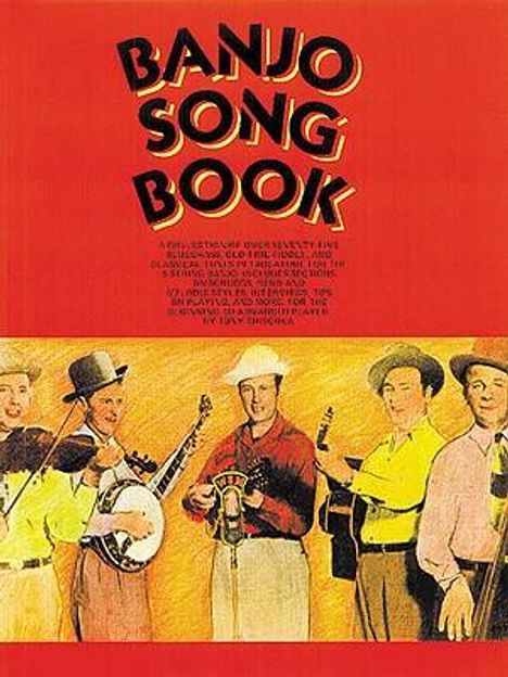 Text: "BANJO SONG BOOK". Fünf Männer mit Banjos und Gitarren, gekleidet in Cowboy-Hüten und bunten Hemden.