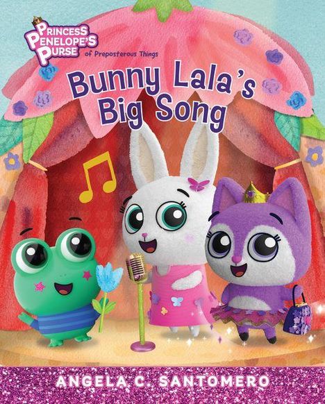 Text: "Bunny Lala's Big Song." Illustration von drei niedlichen, bunten Figuren vor einer Bühne.