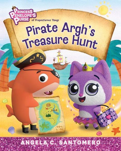 Der Text beschreibt eine Schatzsuche mit Pirat Argh. Eine Illustration zeigt ein pinkes Kätzchen und einen Piratenhai am Strand.
