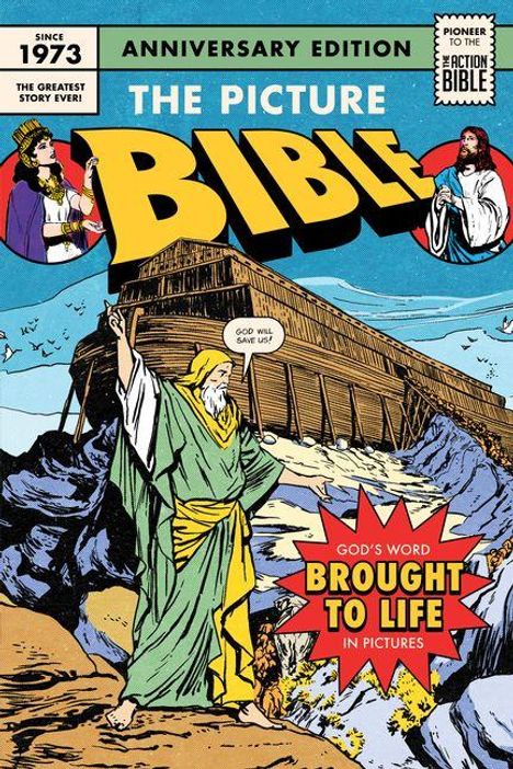 "THE PICTURE BIBLE" in großer Schrift, ein Mann vor einer Arche, Textblase: "GOD WILL SAVE US", bunte Comic-Illustration.