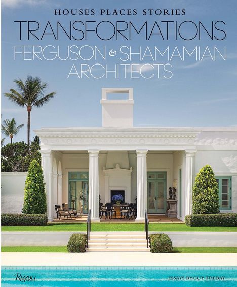 "TRANSFORMATIONS FERGUSON & SHAMAMIAN ARCHITECTS". Elegantes weißes Gebäude mit Säulen, Palmen und Pool im Vordergrund.