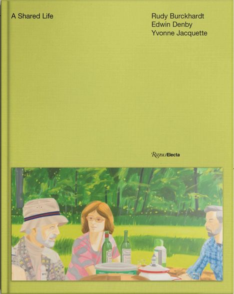"A Shared Life" oben links; Namen: Rudy Burckhardt, Edwin Denby, Yvonne Jacquette rechts; Illustration: Drei Menschen im Park.
