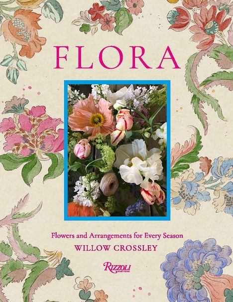 „FLORA“ in großen Buchstaben, darunter „Flowers and Arrangements for Every Season“. Illustration mit bunten Blumendekorationen.