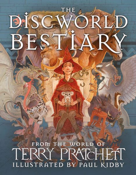 "The Discworld Bestiary" und "From the World of Terry Pratchett" sind mit einer illustrativen Fantasieszene von Kreaturen verbunden.