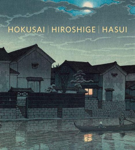 HOKUSAI | HIROSHIGE | HASUI. Nachtansicht einer Flusslandschaft mit Häusern und einem Boot, stilisiert in traditionellem Stil.