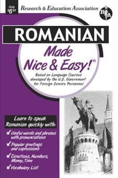 Text: "ROMANIAN Made Nice & Easy!" und eine Liste mit Lerninhalten. Schwarz-weiße Illustration einer Statue und Gebäude.