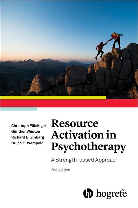 „Resource Activation in Psychotherapy.“ Zwei Bergsteiger auf Felsen, einer reicht dem anderen die Hand.