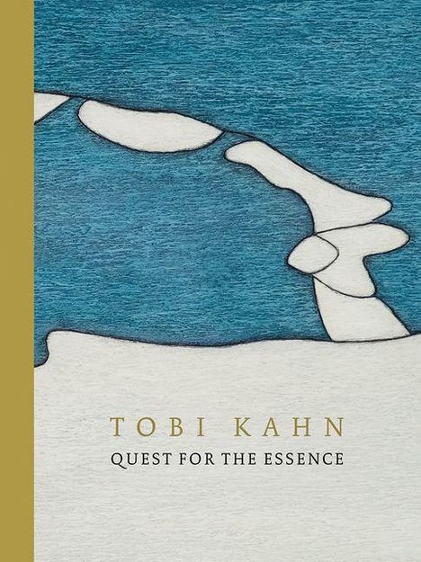 „TOBI KAHN: QUEST FOR THE ESSENCE“. Illustration mit blauen und weißen Abstraktionen.